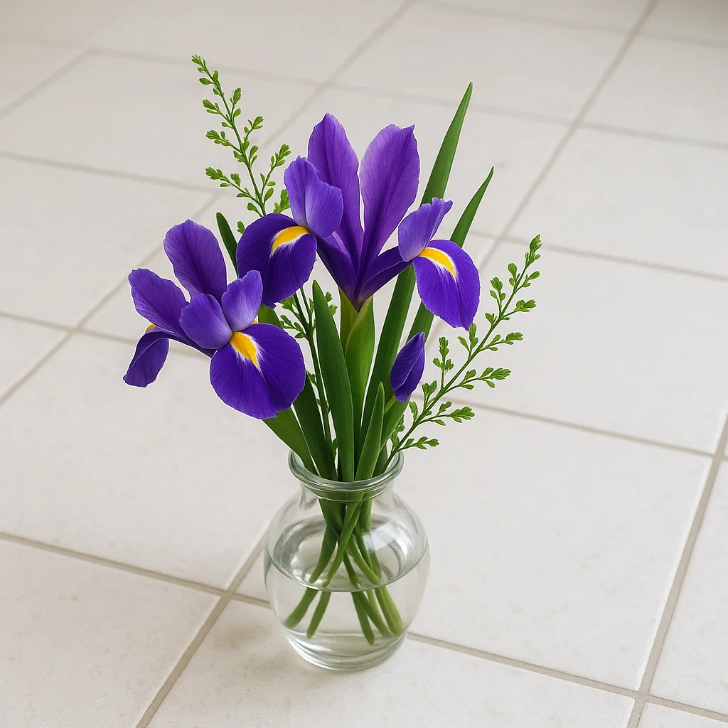 Small Glass Vase Holds Vibrant Purple Irises and Greenery