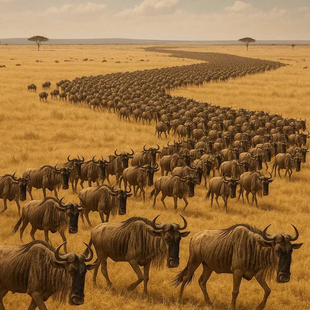 Countless Thousands of Wildebeest Create a Moving River of Life