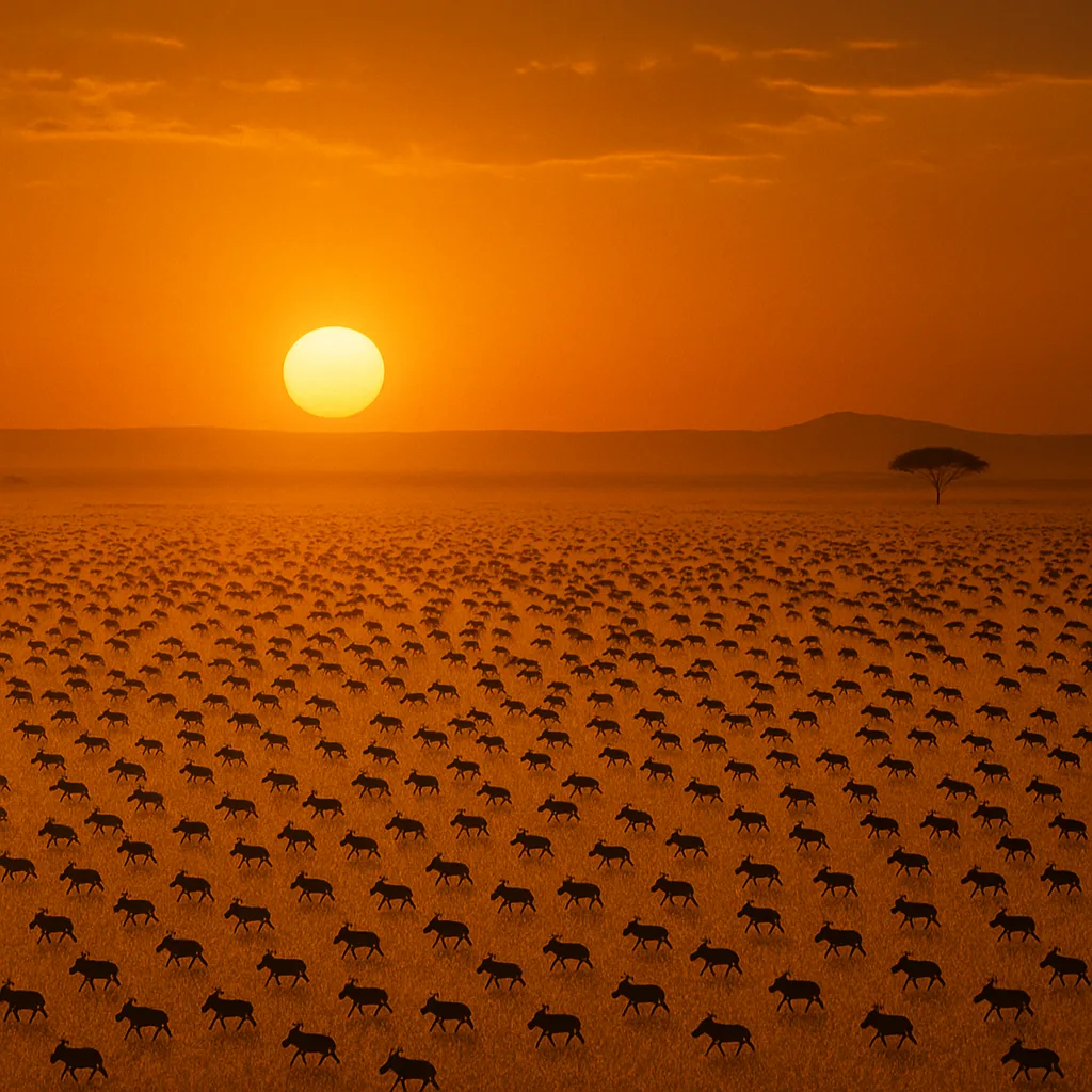 Vast Herd of Countless Tiny Animal Silhouettes Migrates