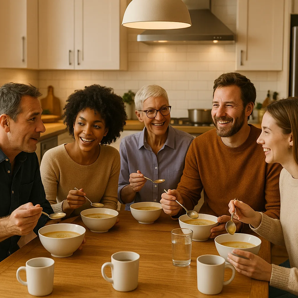 Group of People Gathered in a Kitchen and Dining Area