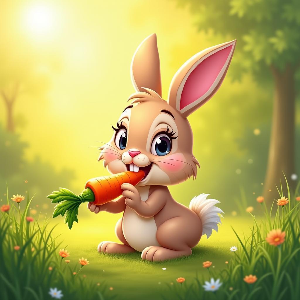 Cartoon Bunny Munching a Carrot in Golden Meadow