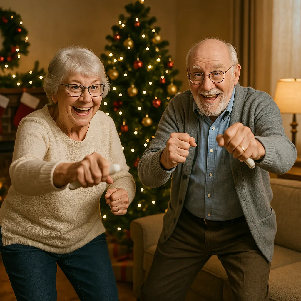 Two Elderly People Playing a Motion-sensing Video Game