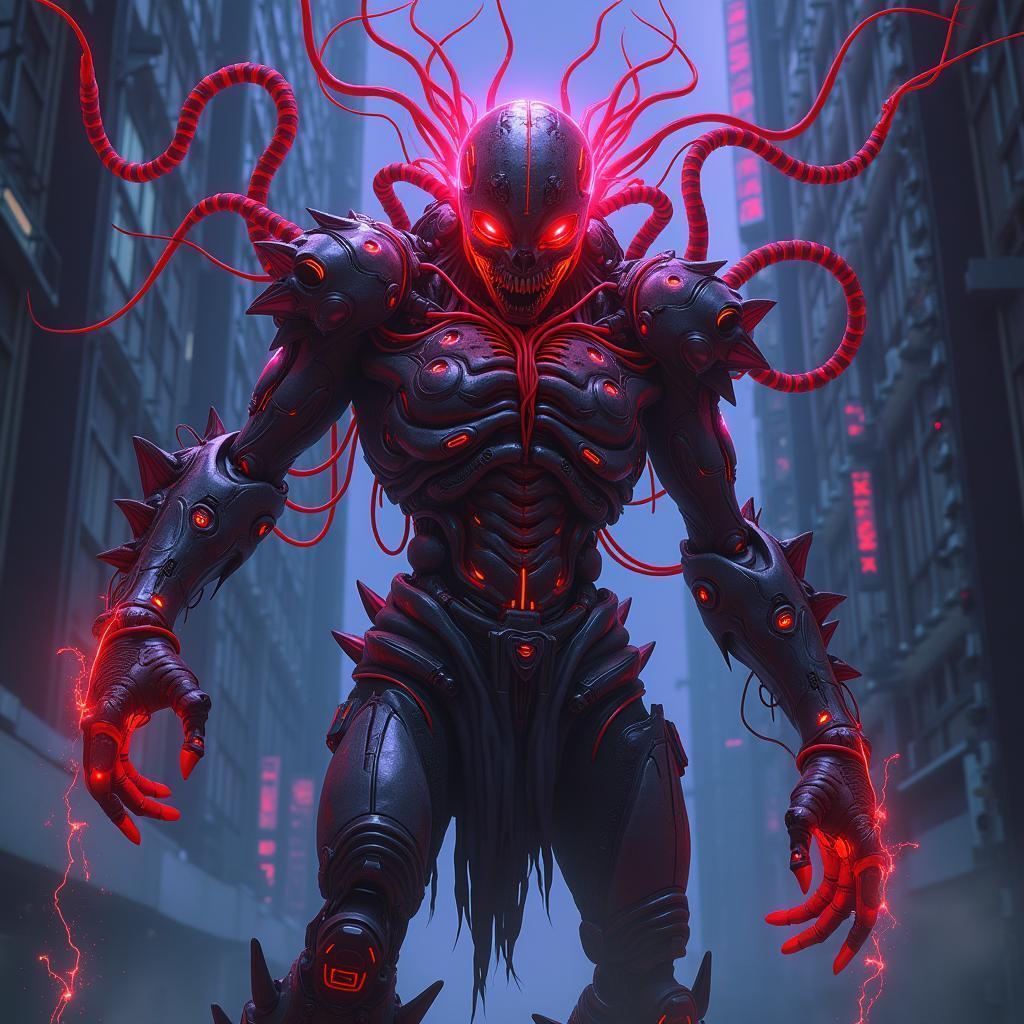 Neon Mechanical Demon With Cybernetic Tendrils