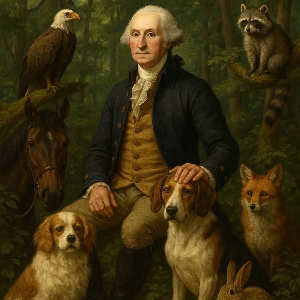 Depict George Washington in a Vibrant Woodland Environment