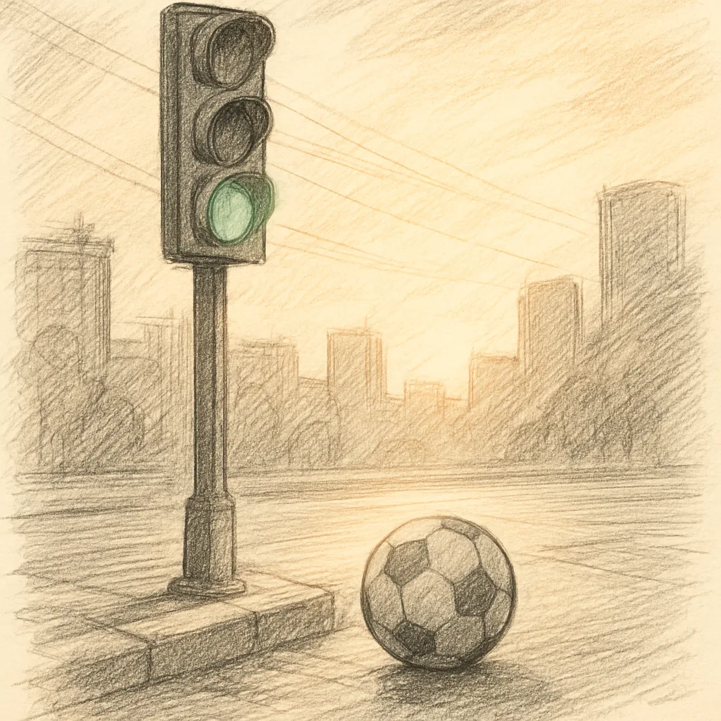 Soccer Ball Lying under a Green Traffic Signal