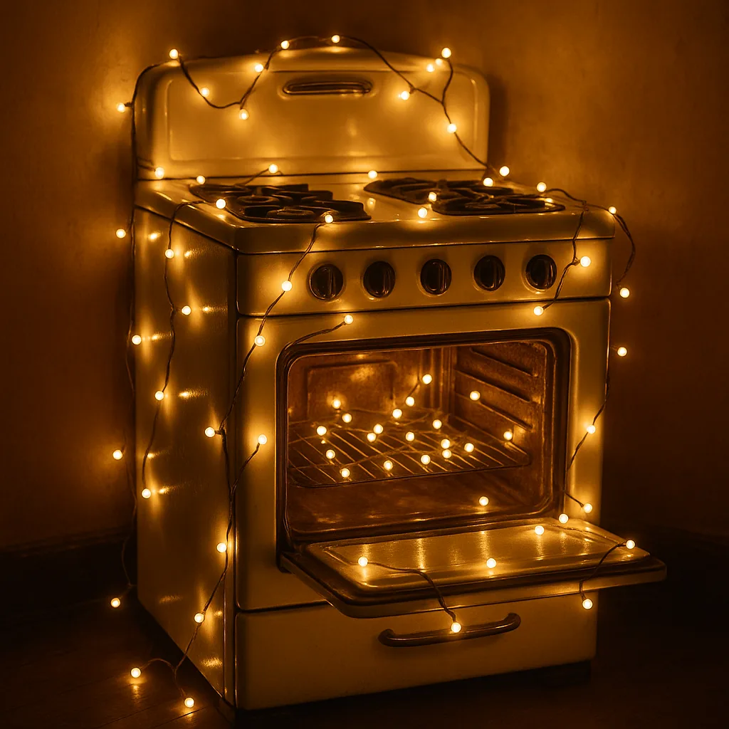 Vintage Stove Adorned with Glowing String Lights