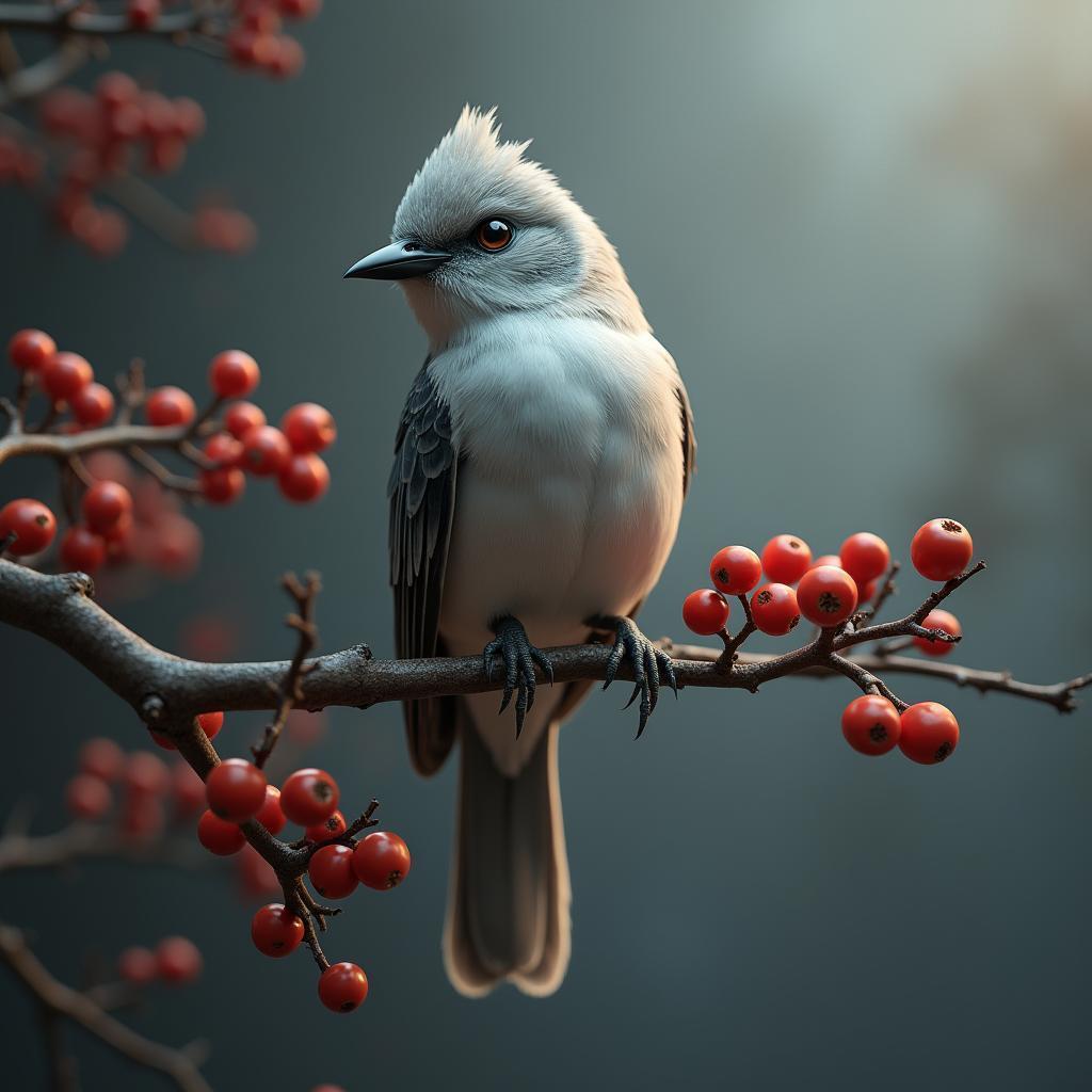 Ethereal 3D Bird on a Berry Laden Branch