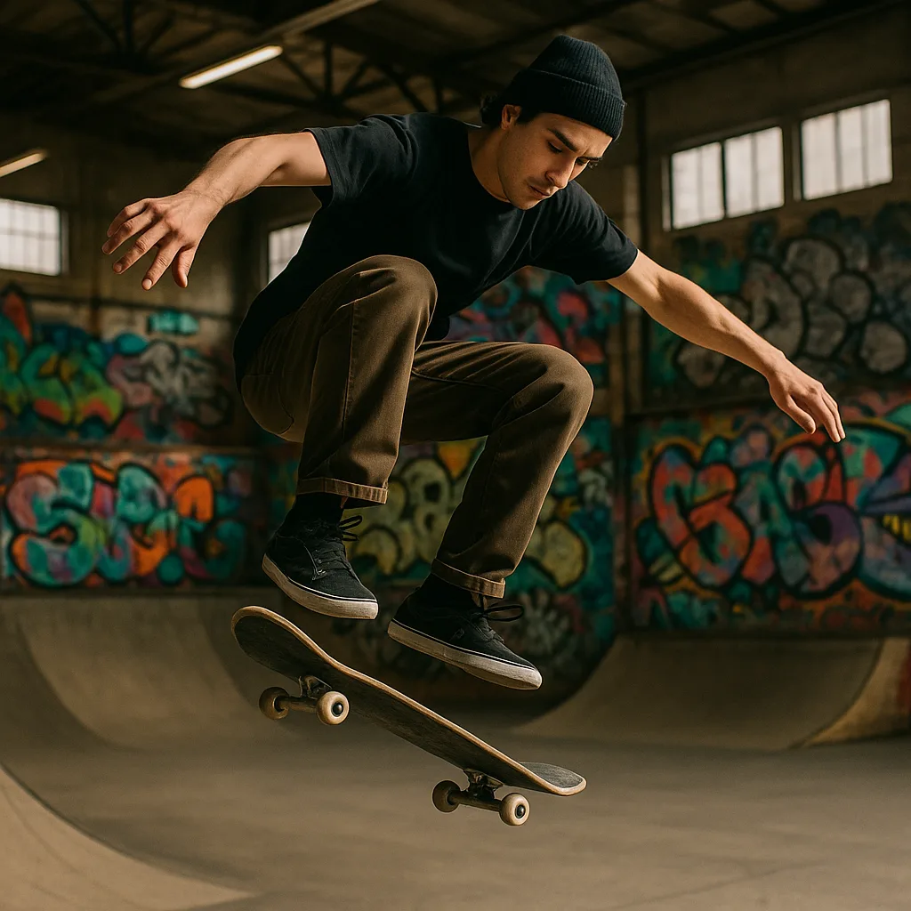 Skateboarder Performs a Mid-air Trick Inside an Indoor Skate Park