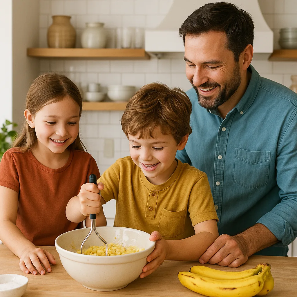 Two Children and an Adult in a Kitchen Preparing Food