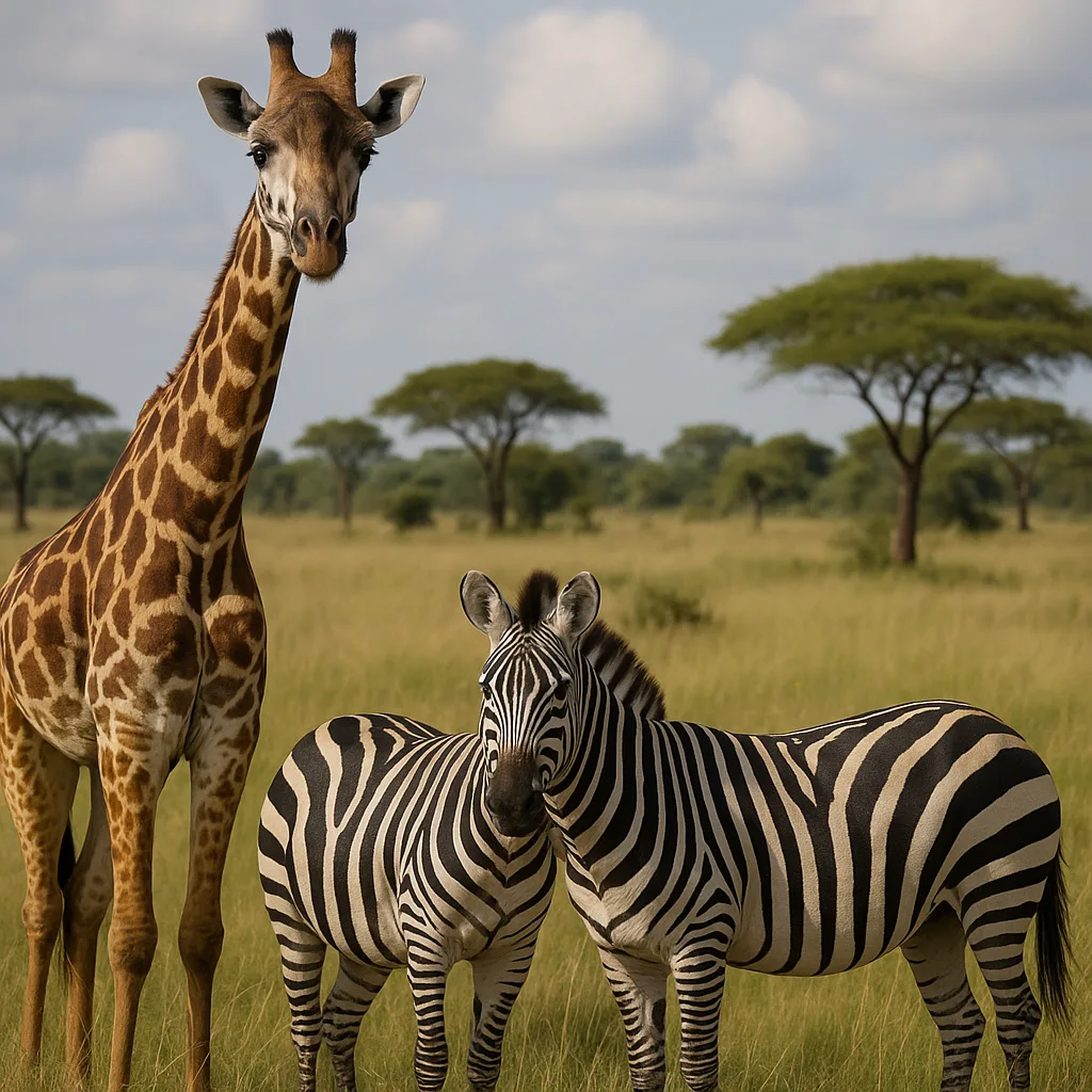 Giraffe and Two Zebras Standing in a Grassy Savanna
