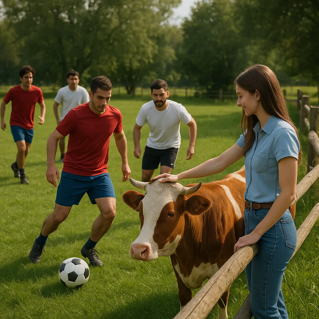 Woman Is Stroking a Cow by a Wooden Fence