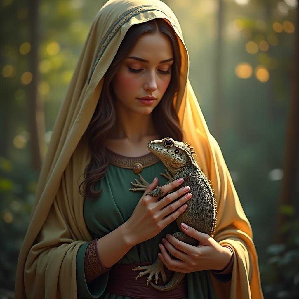 Virgin Mary Cradling a Baby Lizard in Bokeh