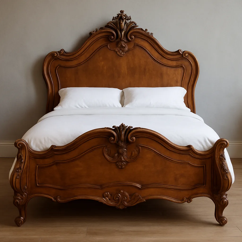 Vintage Wooden Bed Frame Adorned with Intricate Carvings