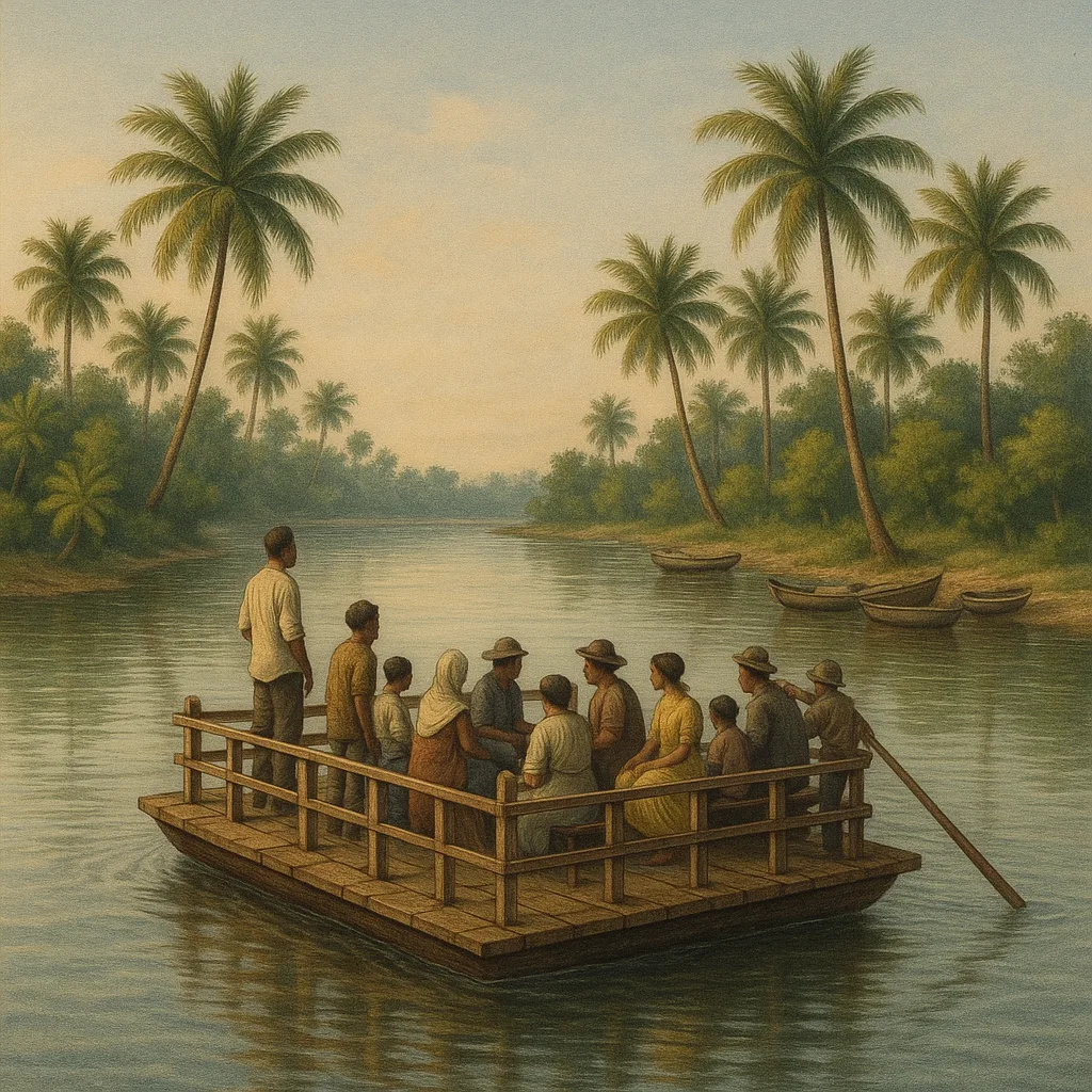 Wooden Raft Ferry Carrying Passengers Across a Calm River
