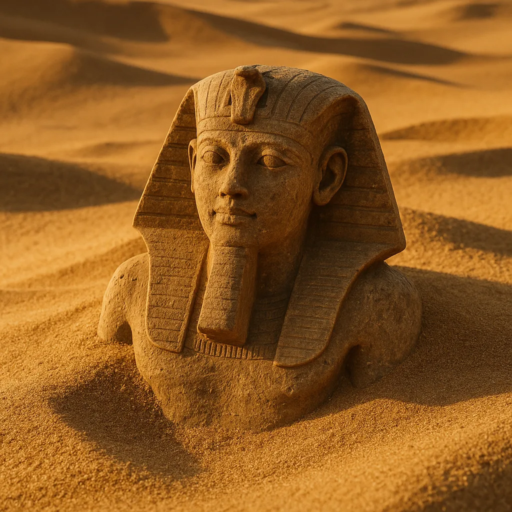 Statue from Ancient Egypt Partially Submerged in the Golden Sands