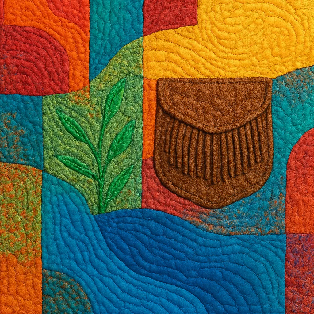Colorful Quilted Fabric Artwork Depicting an Abstract Scene