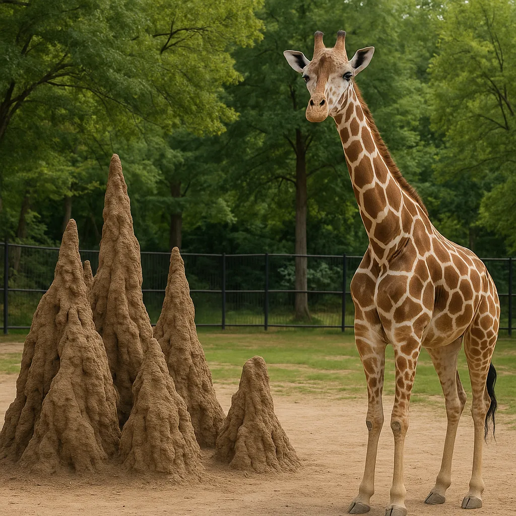 Giraffe Stands near Large Termite Mounds in a Fenced Outdoor