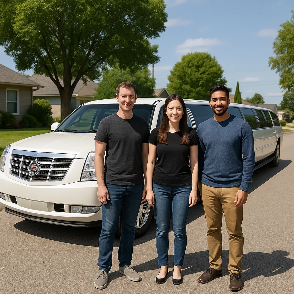 Three People Standing in Front of a White Cadillac Escalade