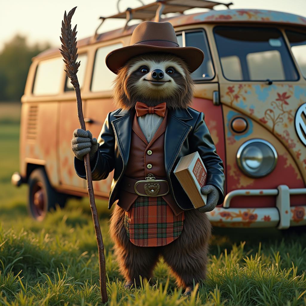 Dapper Sloth With Quarterstaff Beside a Vintage Van