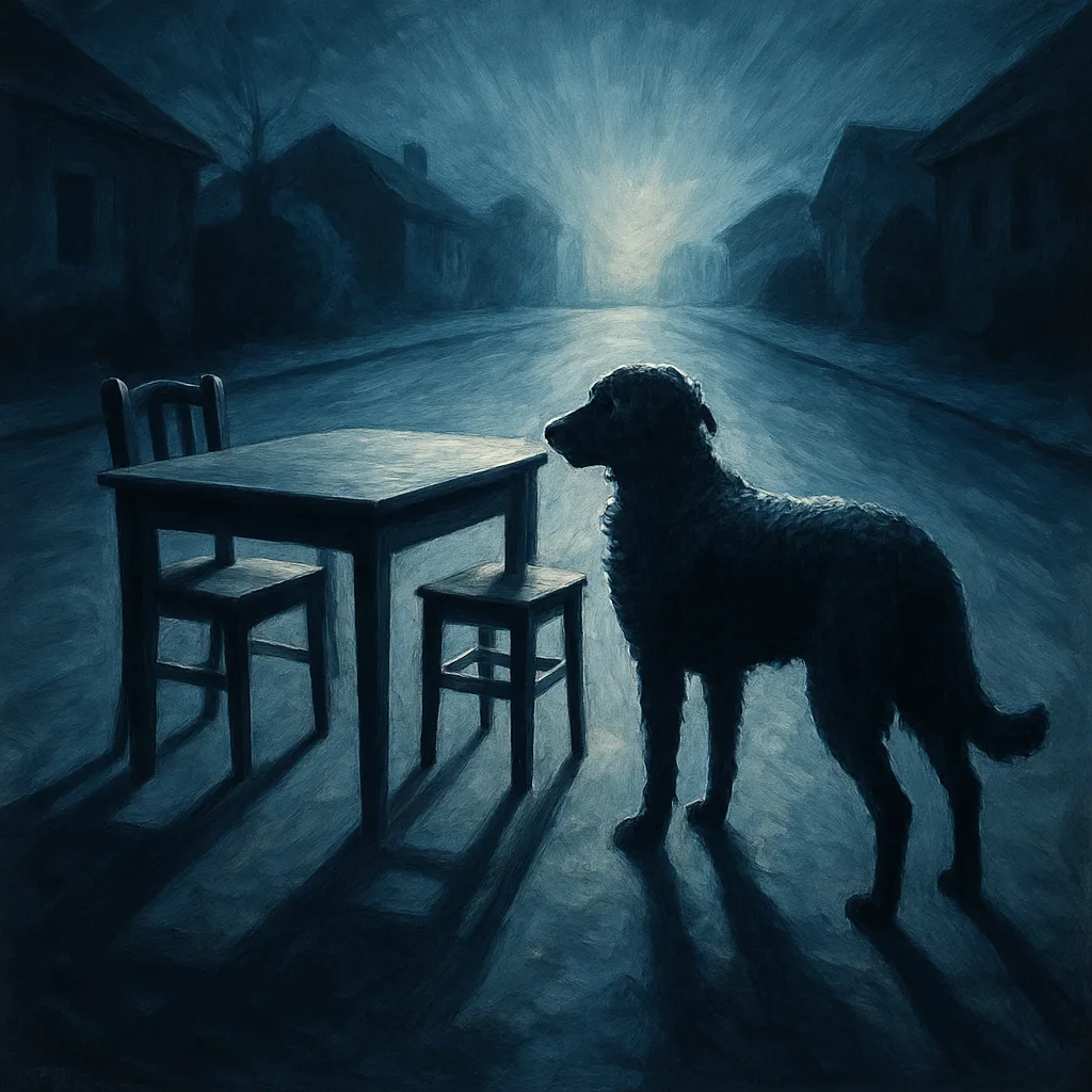 Curly-coated Retriever and Dining Table in a Dusky Cul-de-sac
