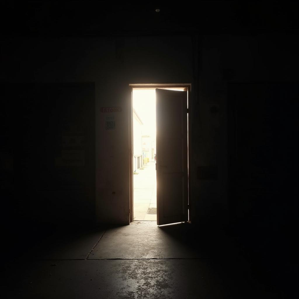 Brightly Lit Door Glowing Through Urban Darkness