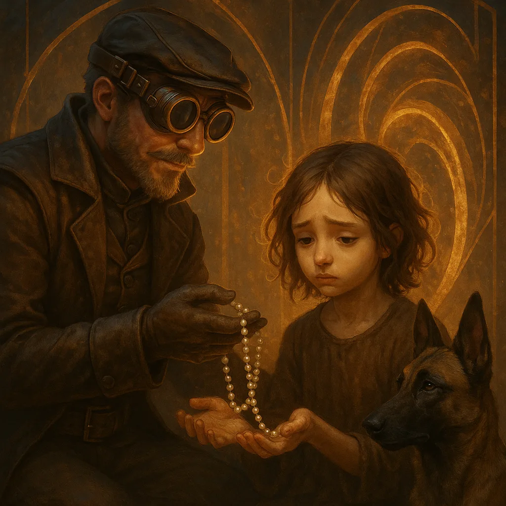 Steampunk-goggled Caregiver Gently Bestows an Antique Pearl Necklace