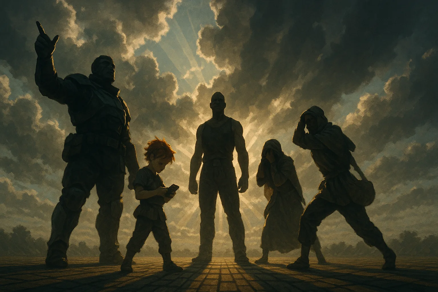Five Figures Interact Beneath Dramatic Volumetric Clouds