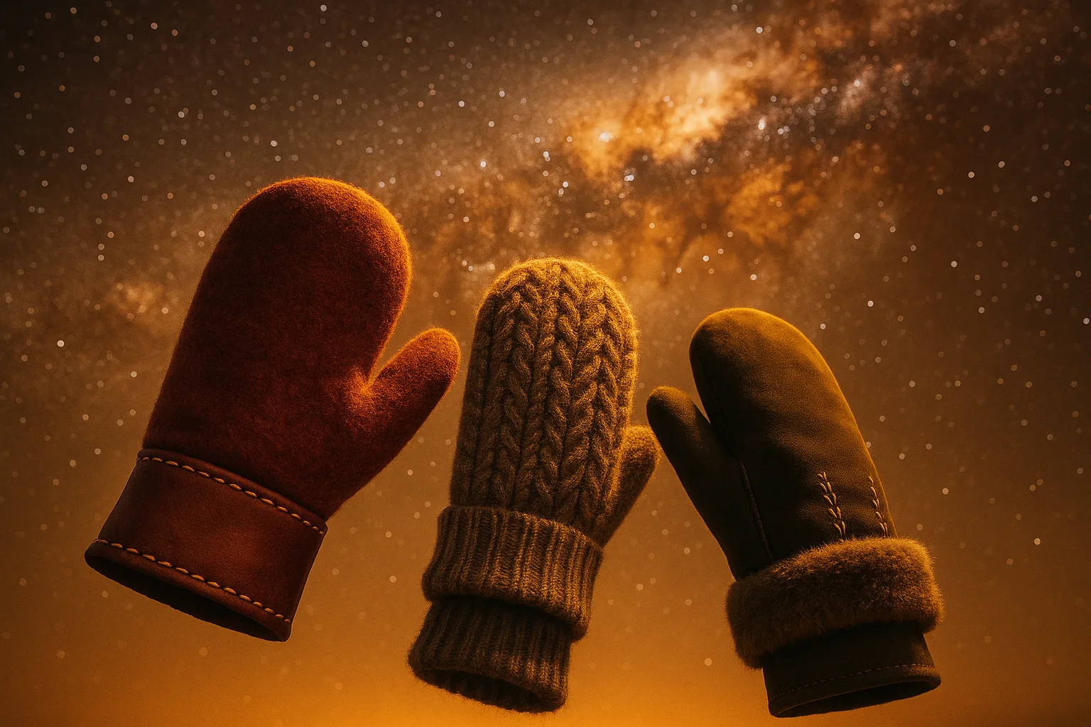 Three Uniquely Crafted Mittens—the First a Rich Burgundy Dense