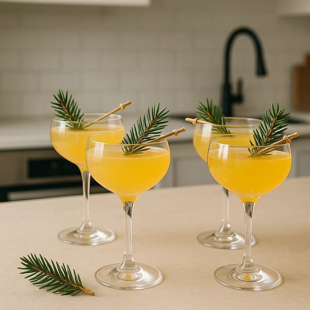 Elegant Glasses of Yellow Cocktail Garnished with Pine Sprigs