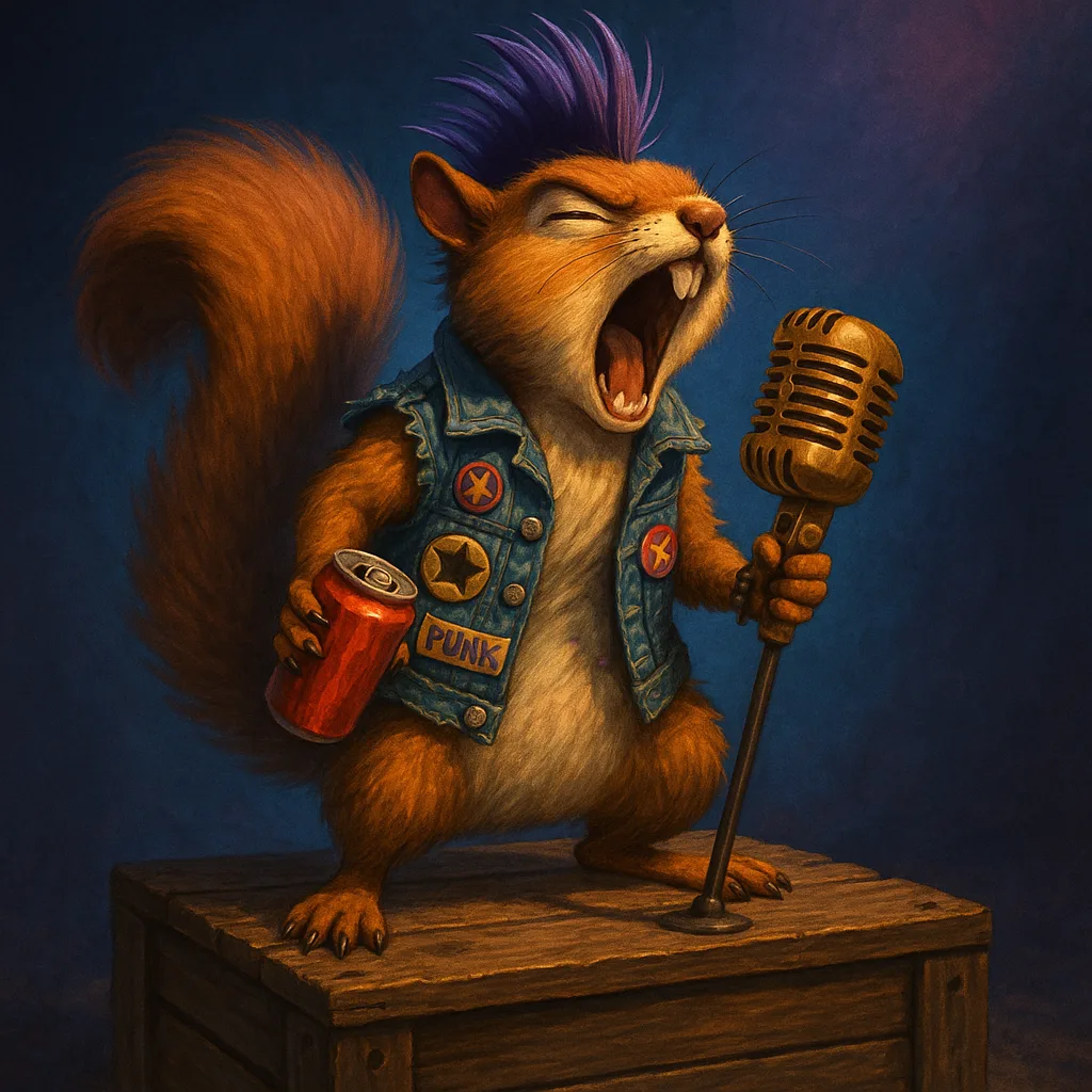 Spirited Squirrel with a Defiant Punk Rock Vibe Takes Center