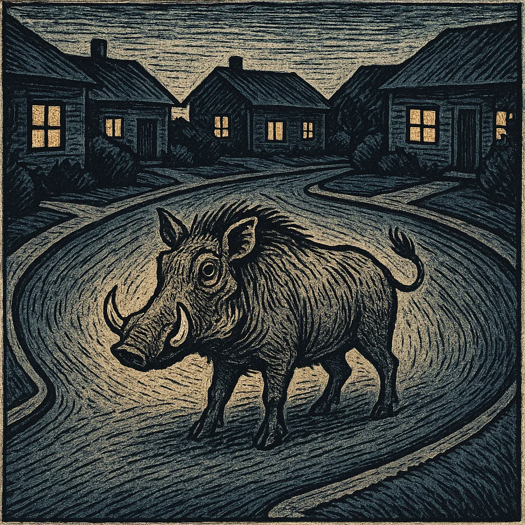 Warthog in a Dusky Cul-de-sac with Warmly Glowing Windows