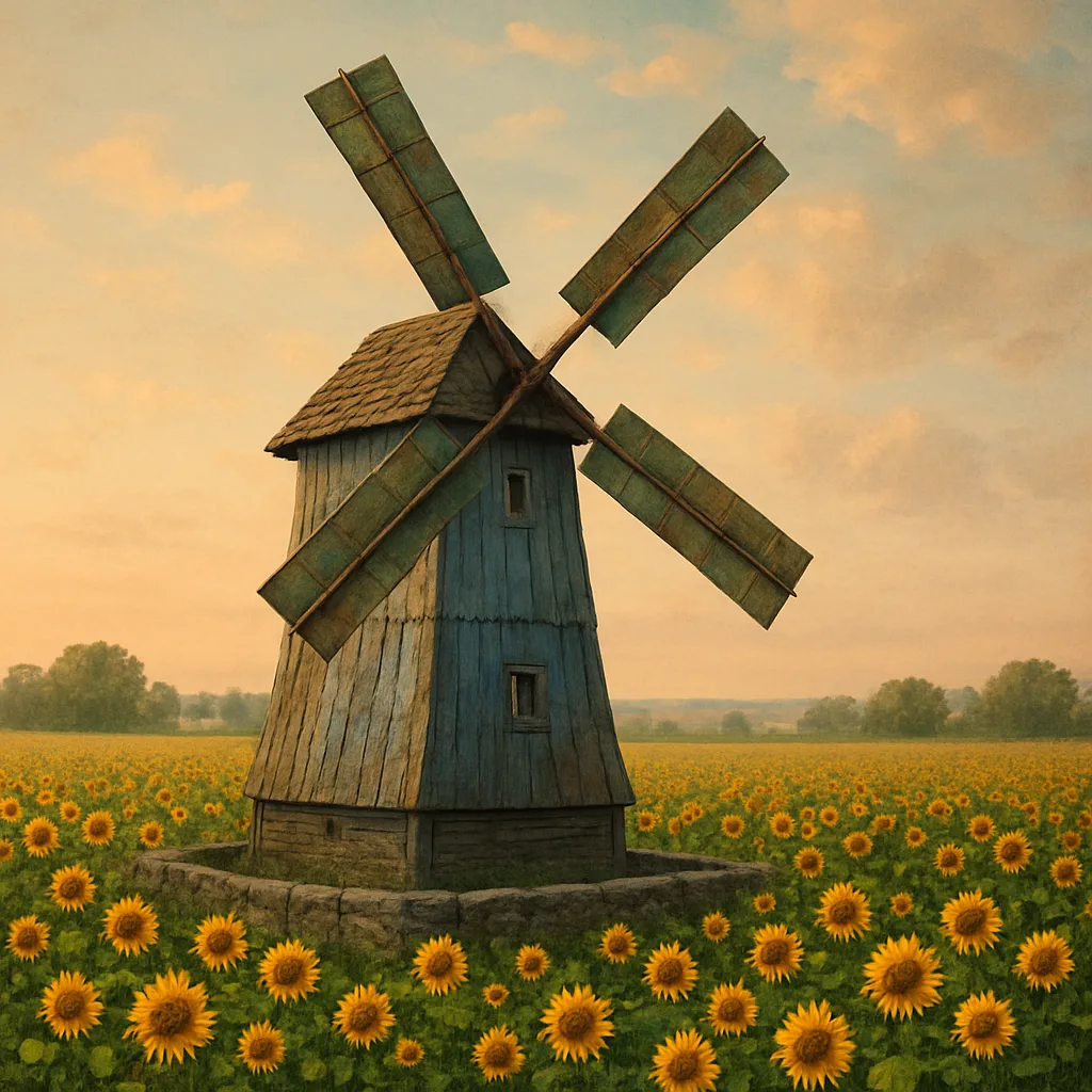 Rustic Wooden Windmill Towers Above the Scene