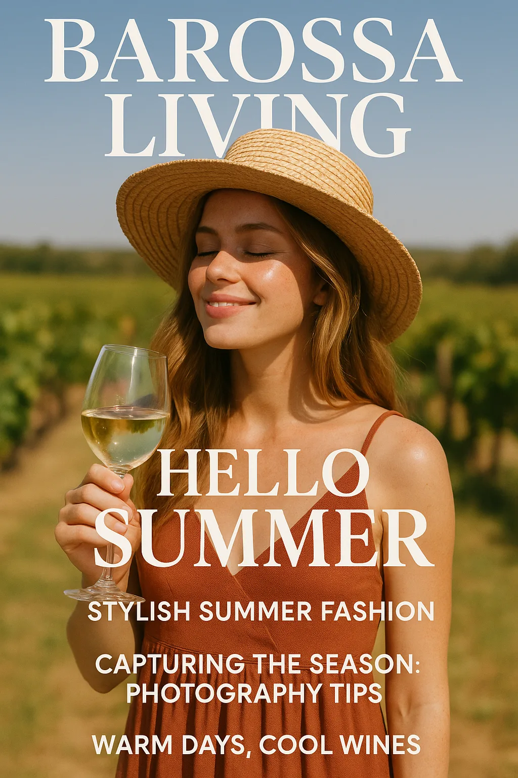 Magazine Cover Titled "Barossa Living" Featuring Summer-themed Text Overlays