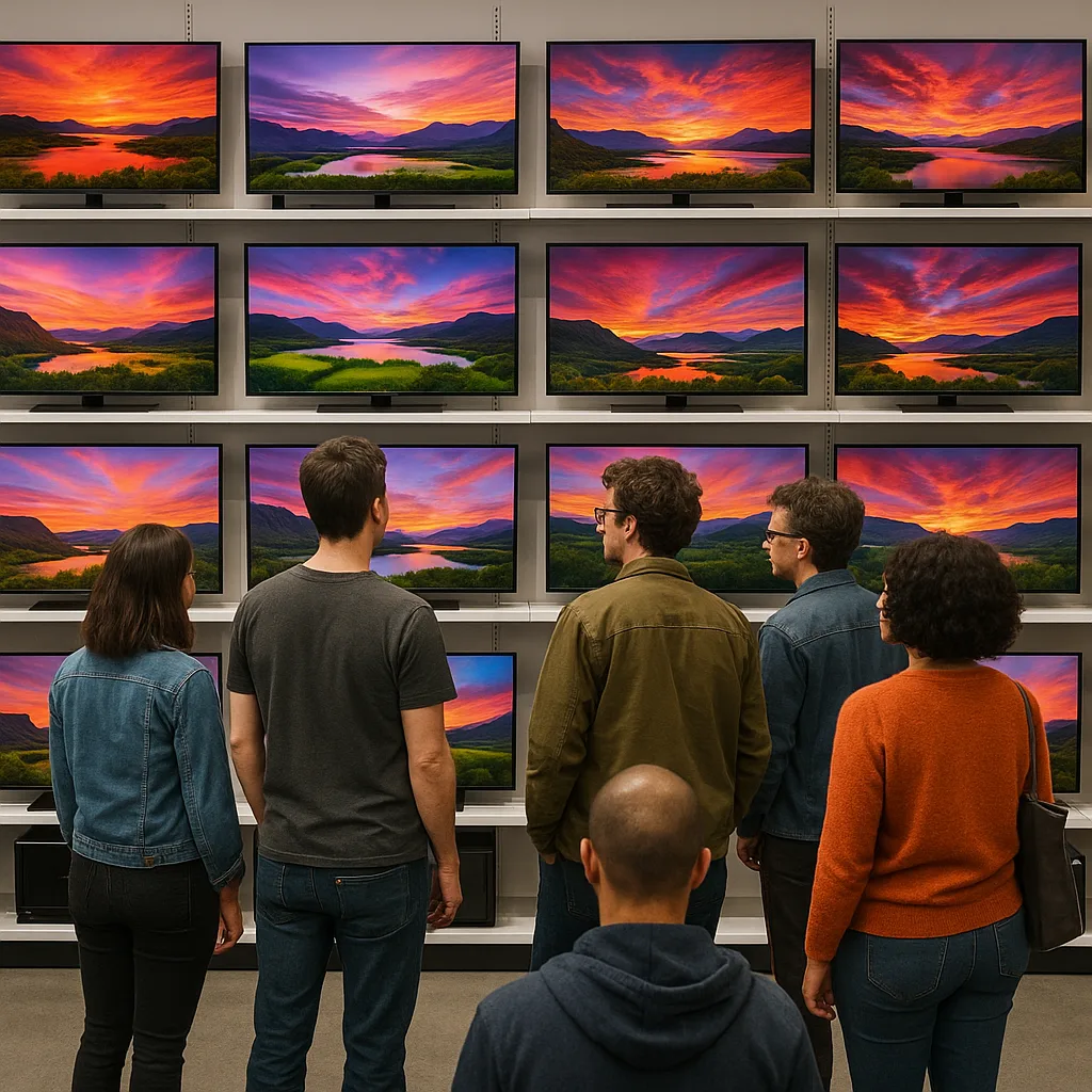 Collection of People Examining a Variety of Vibrant TV Displays