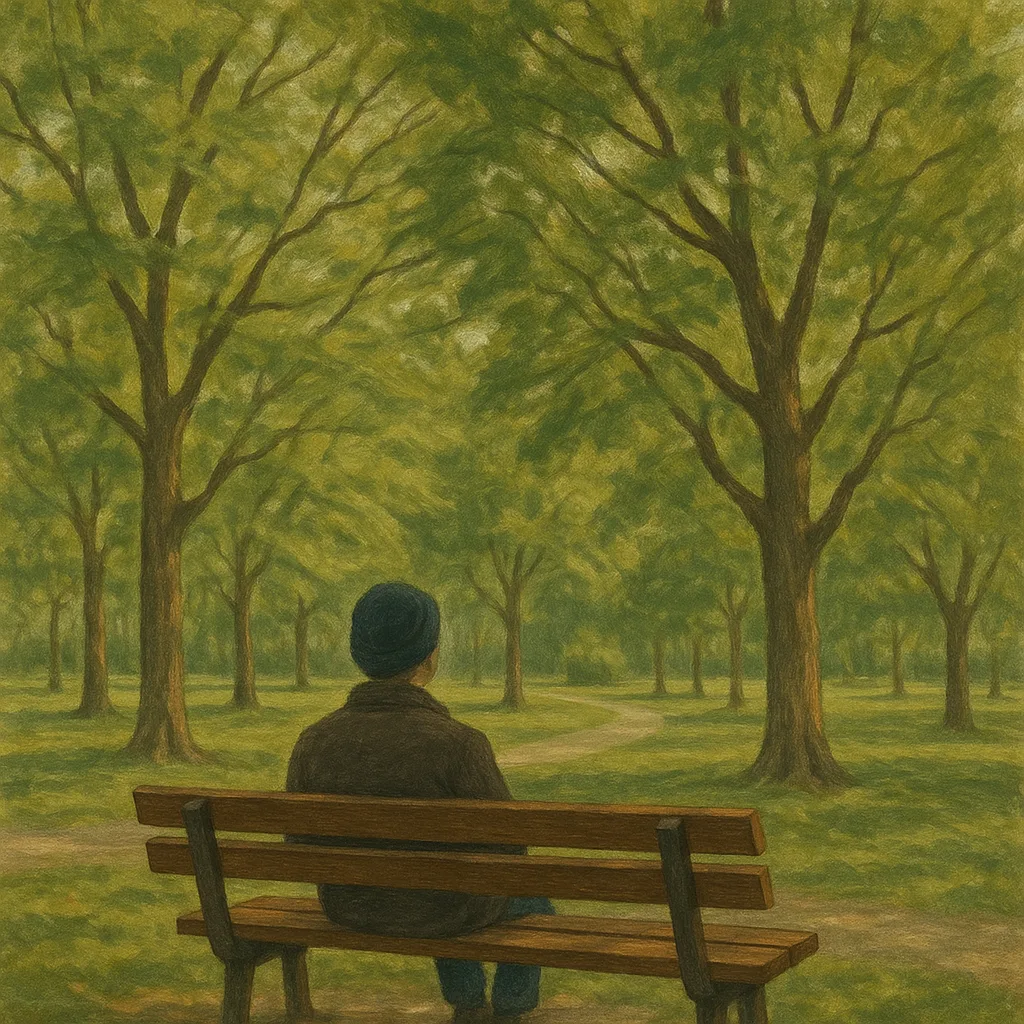 Person Seated on a Wooden Bench Watches the Trees Softly