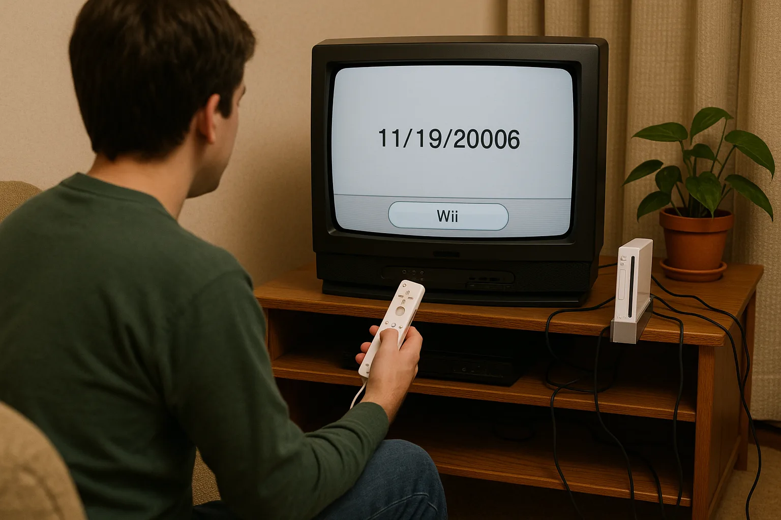 Person Sitting in a Living Room Holding a Wii Remote