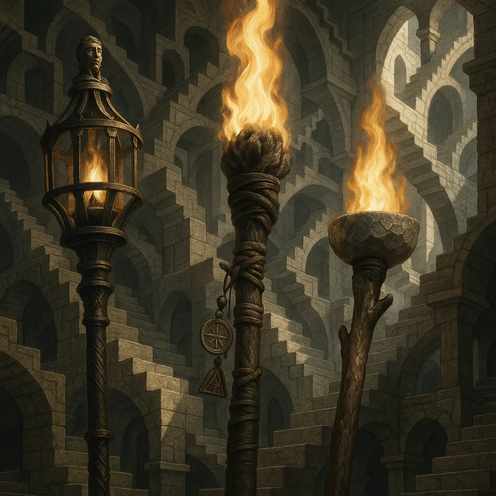 Three Distinct Torches—a Wrought Iron Beacon Featuring an Ornate Cage