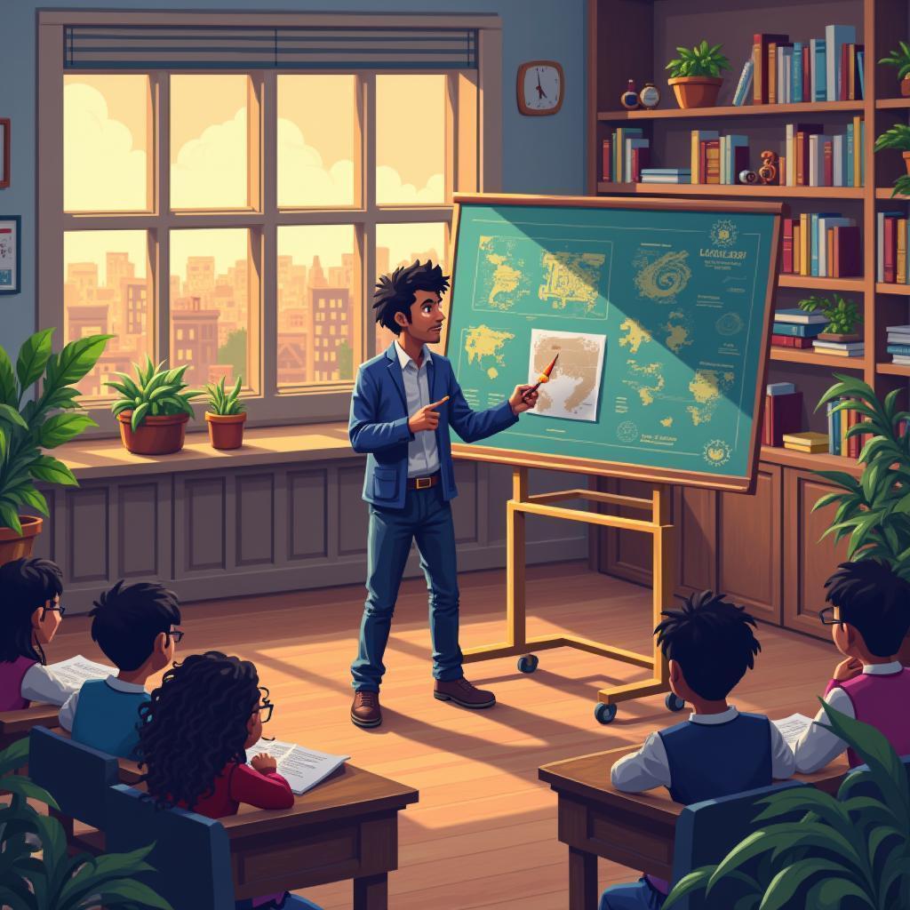 Pixel Teacher Giving Geography Lessons in Isometric Class