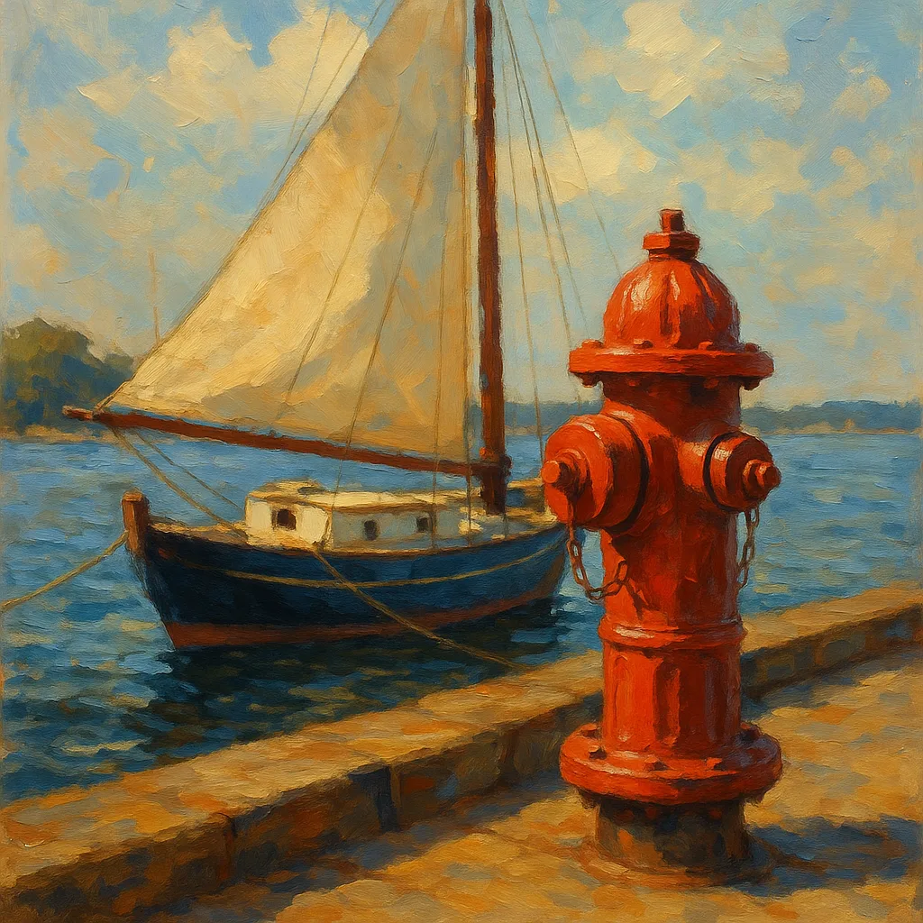 Painting Featuring a Sailboat on the Dock