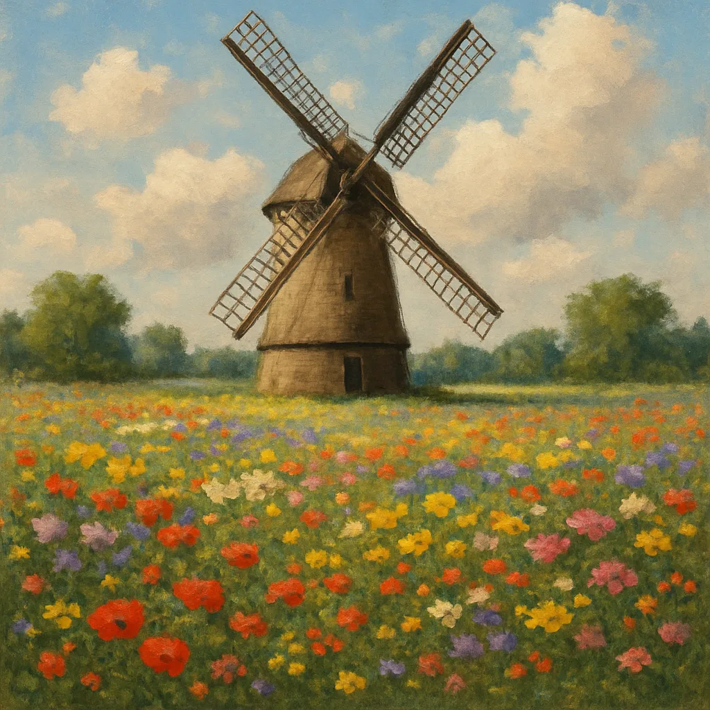 Retro-style Windmill Standing Amidst a Vibrant Meadow