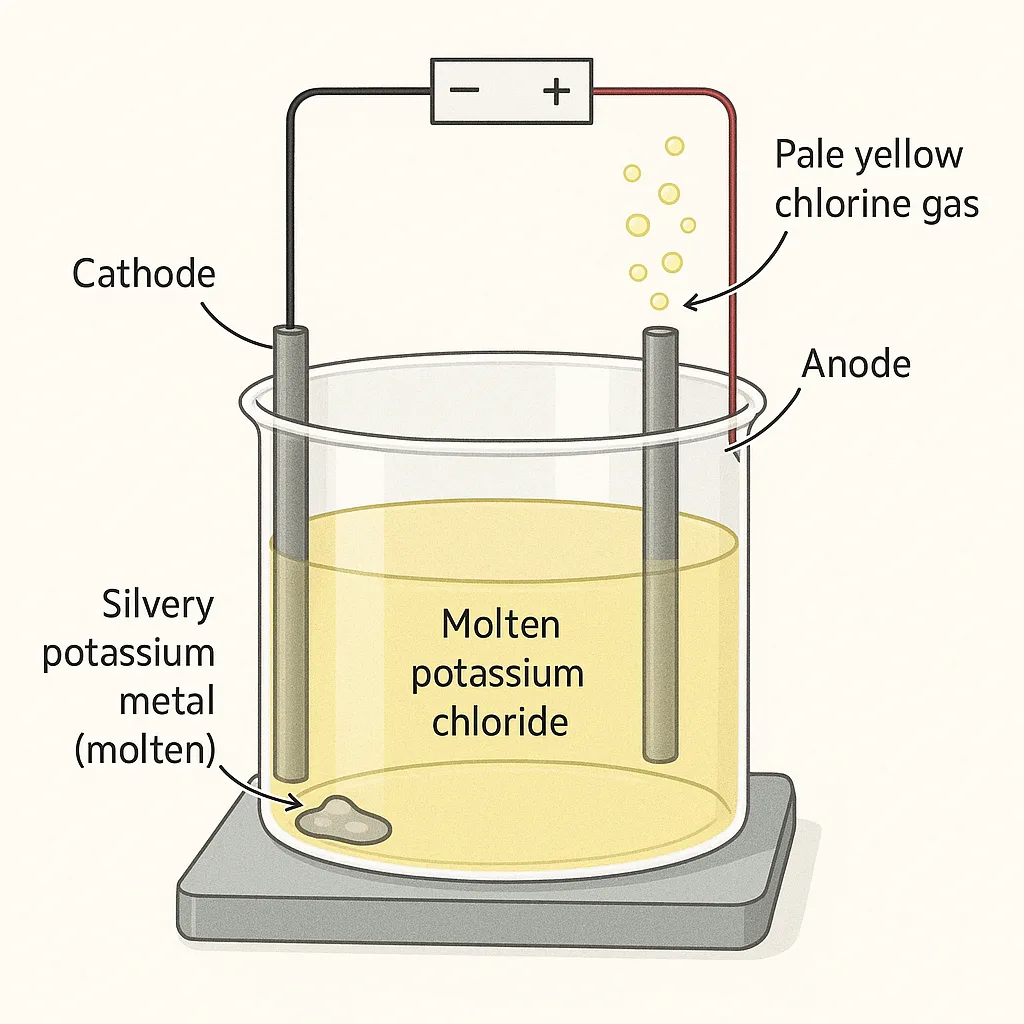 Molten Potassium Chloride Electrolysis System Generates Silvery Potassium Metal