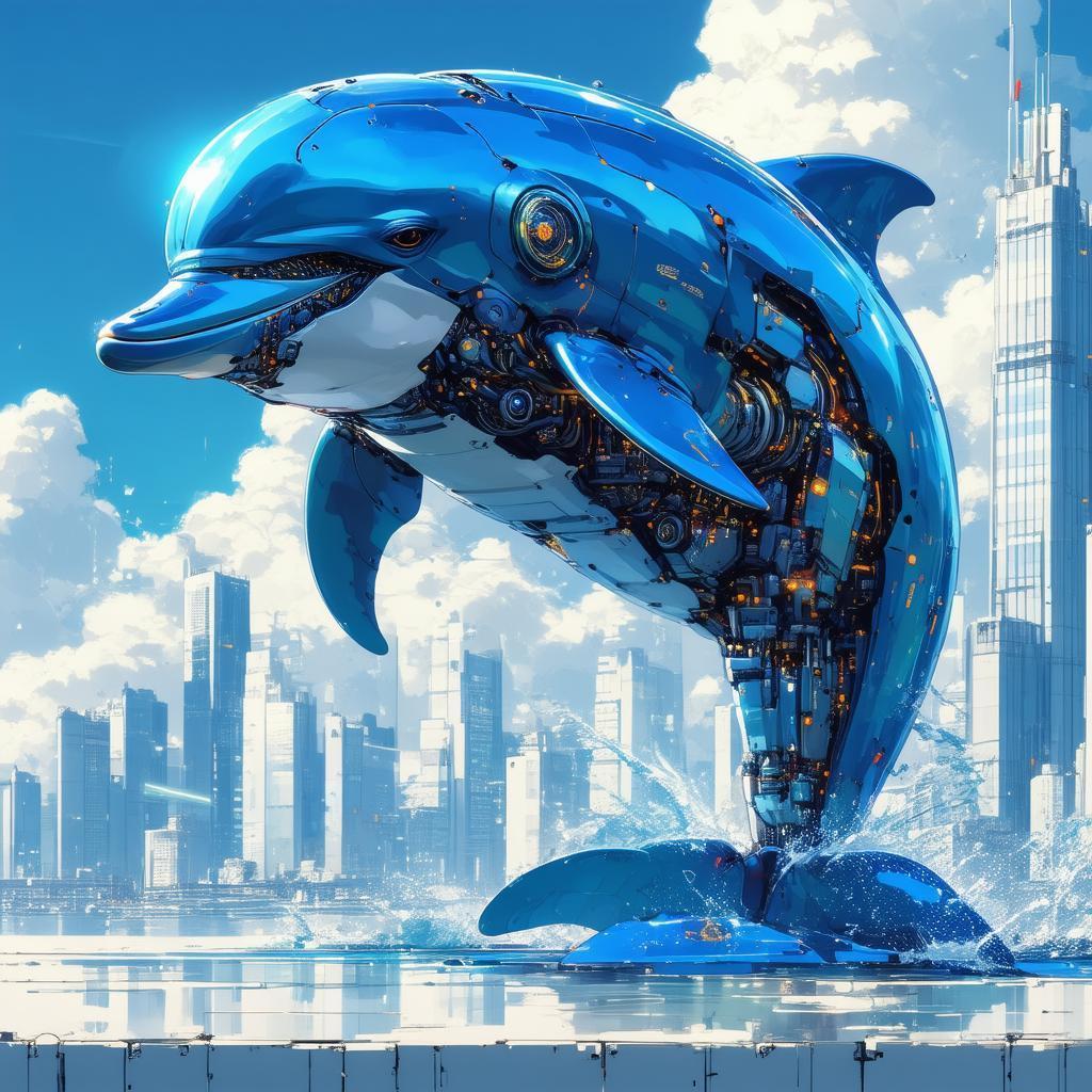 Glossy Anime Dolphin Robot Against Future Skyline