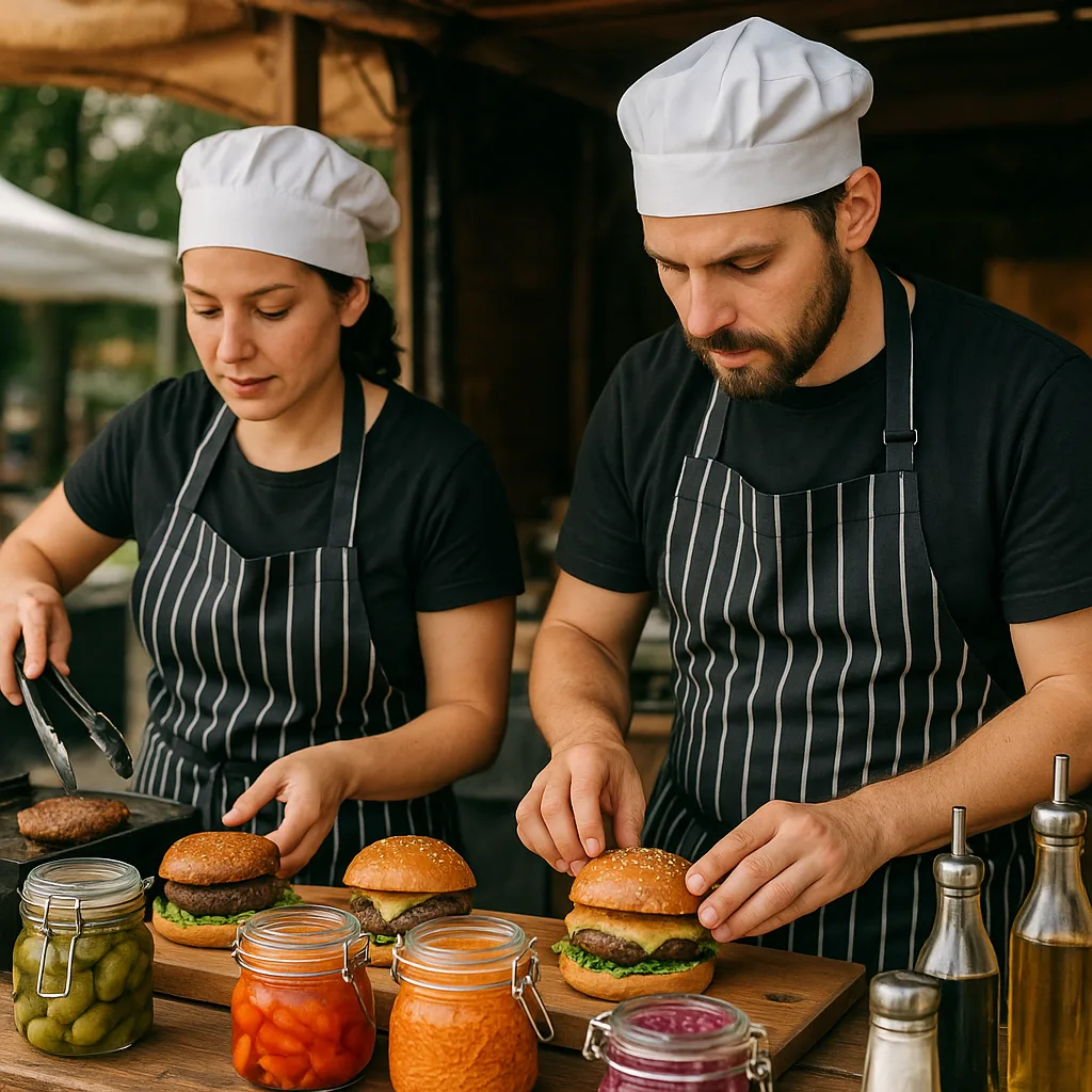 Two Chefs in Striped Aprons Prepare Burgers at an Outdoor