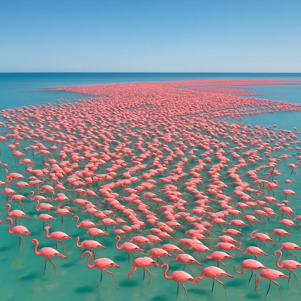 Immense Flock of Vibrant Pink Flamingos Creates a Shifting Pattern