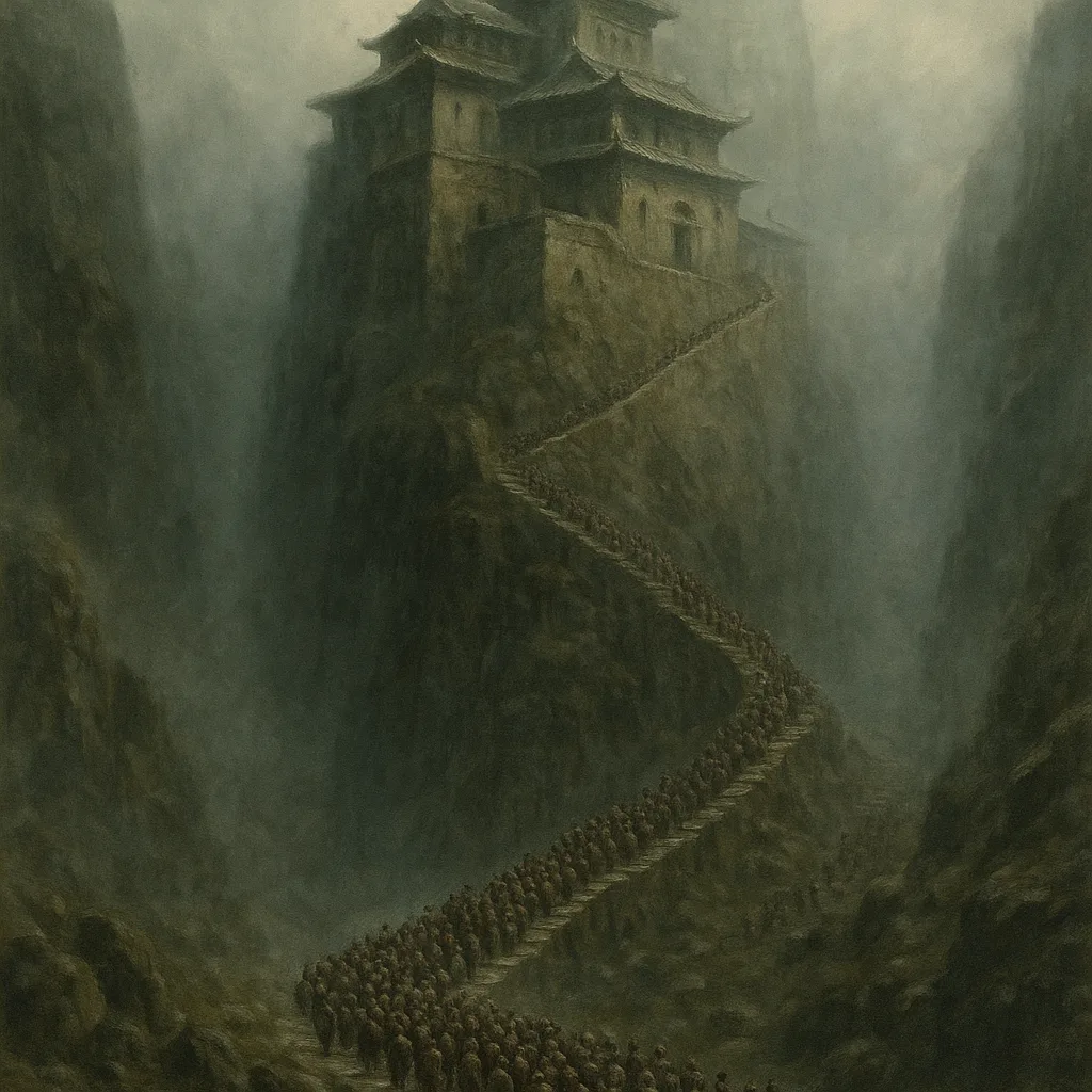 Throngs of Minuscule Pilgrims Slowly Ascend a Winding Stone Staircase