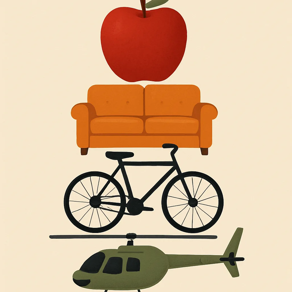 Place a Bicycle and a Couch Located over a Helicopter