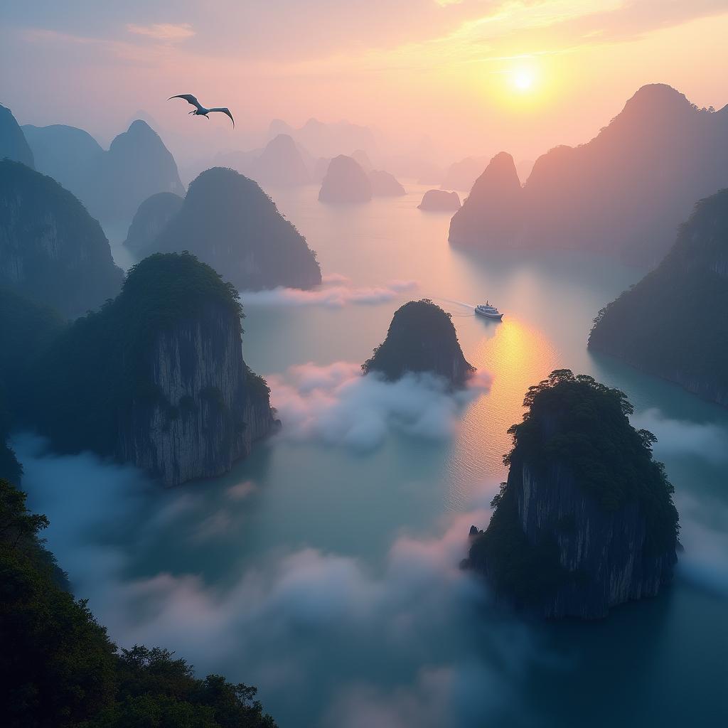 Mythical Dusk Over Misty Ha Long Bay