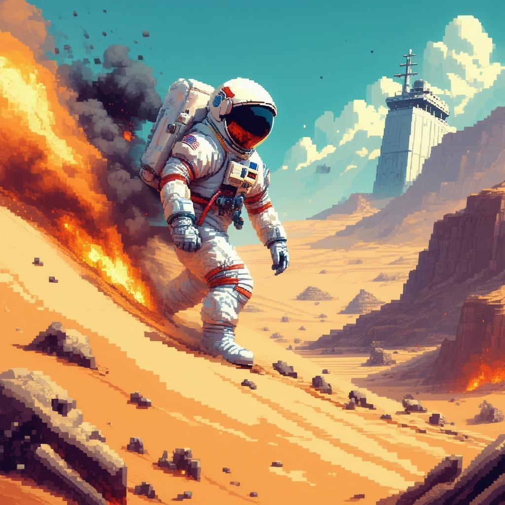 8 Bit Astronaut Climbing From a Desert Shipwreck