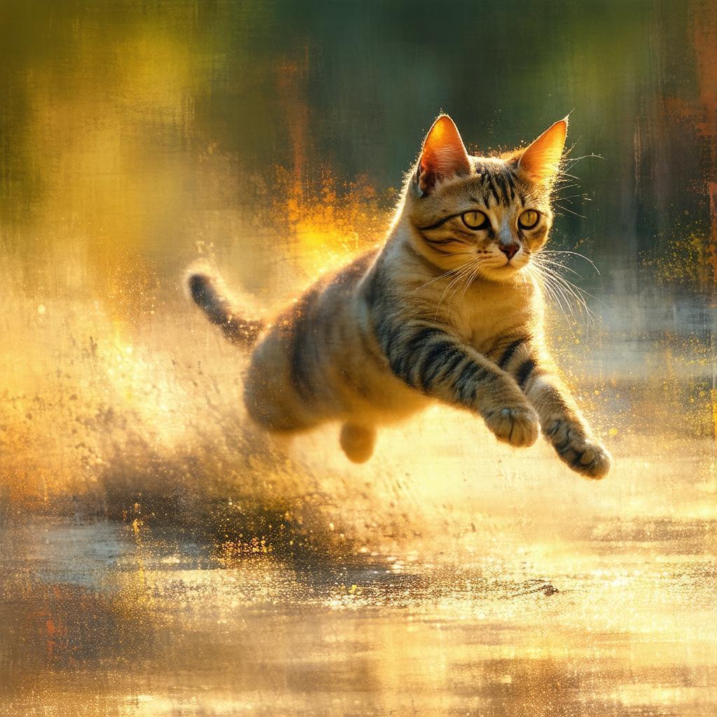 Leaping Cat Painted in Vibrant Digital Motion