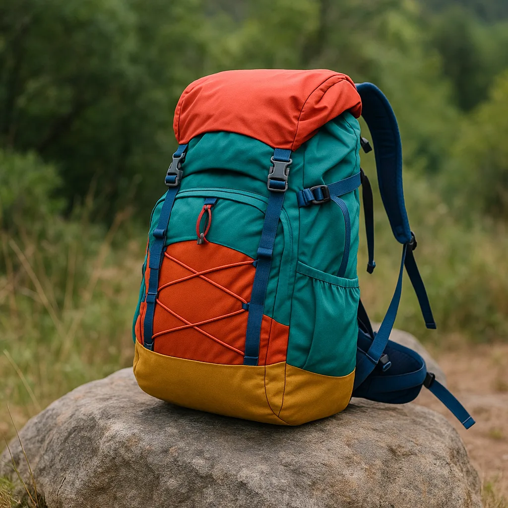 Vibrant Hiking Backpack Placed on a Stone Amidst a Scenic
